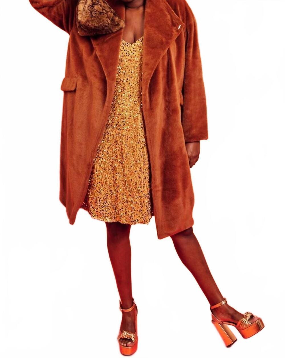 NEW JAYLEY women's faux fur long sleeve coat in caramel